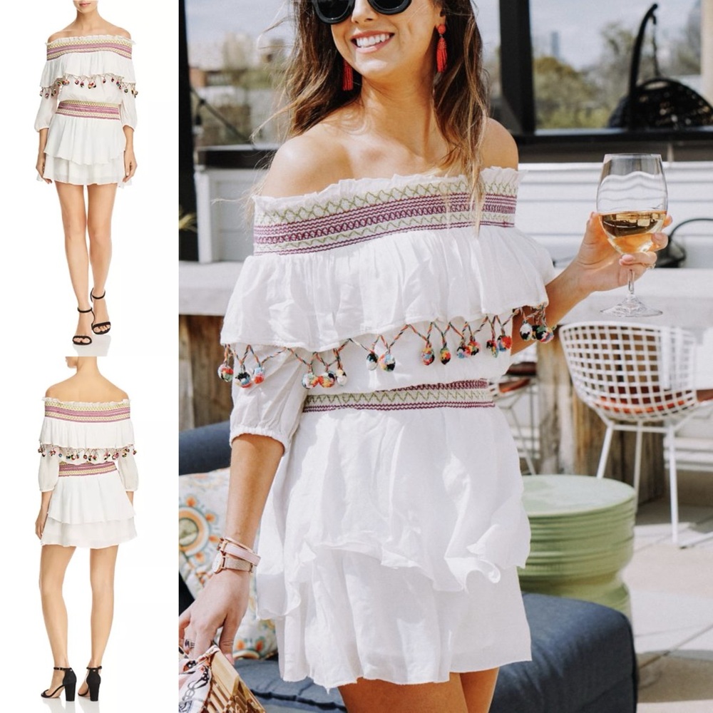 Red Carter Mira Smocked Off-the-Shoulder Dress / Cover-Up | colorful Pom Poms